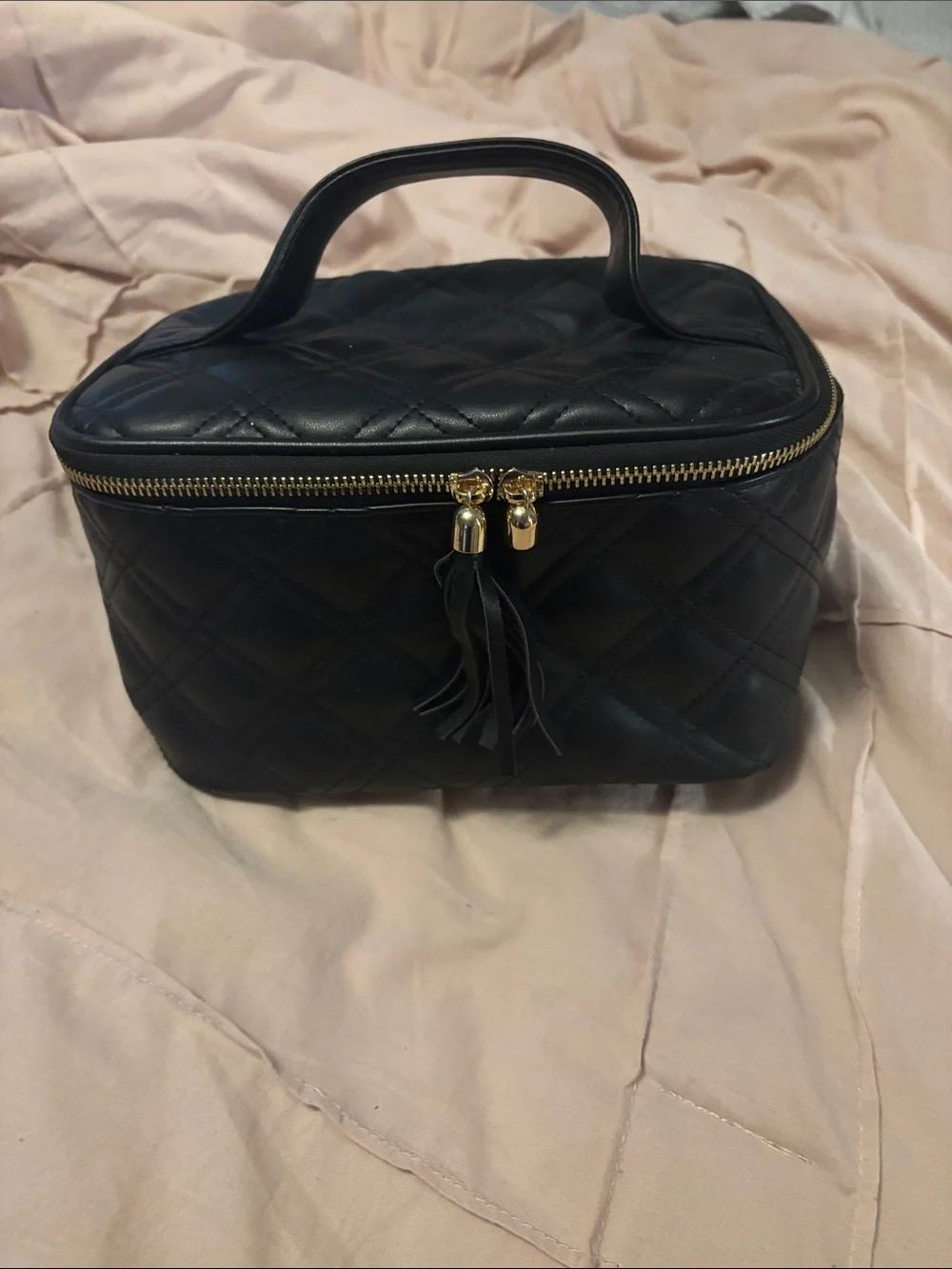 Classic Black Quilted Cosmetic Case with Gold Zipper and Top Handle